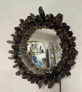 18" Smoky Quartz Stone Wall Hanging Mirror, Bedroom Wall Mirror, Home Decor - Picture 1 of 6