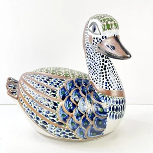 Vintage Tonala Santana Pottery Mallard Duck Mexico Folk Art Handpainted Damaged - Picture 1 of 11