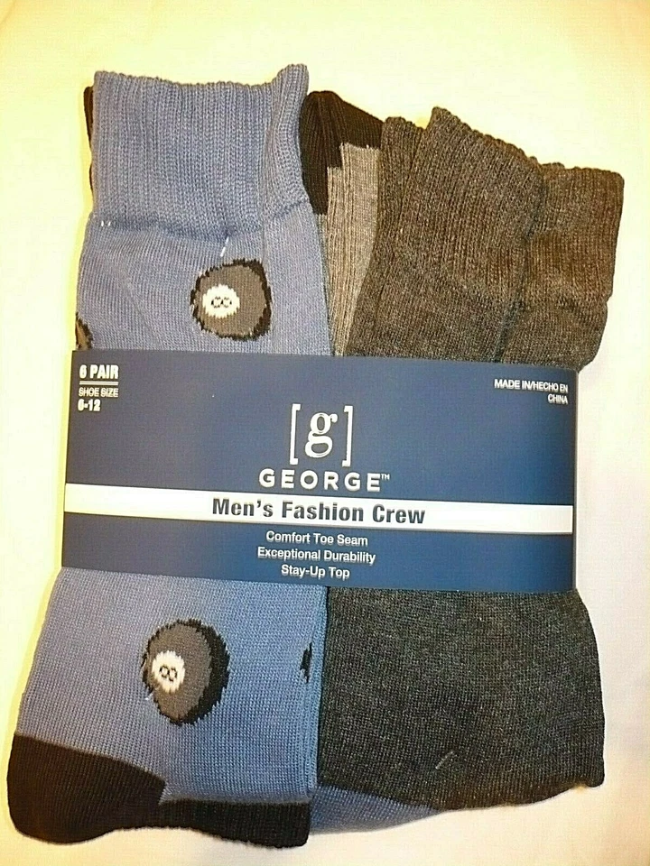 George Men's Fashion Novelty Crew Socks 6 Pair Shoe Size 6-12 Pool Shark