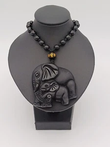 Black Obsidian Mother Baby Elephant Pendant Bead Necklace - Picture 1 of 12