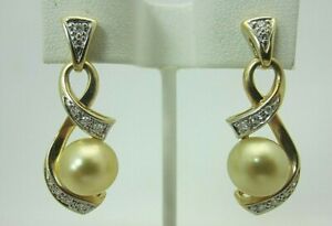 New 14K Gold 9 mm. Golden Pearl and Diamond Dangle Earrings