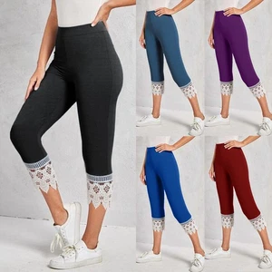 Womens Lace Stretch 3/4 Capri Pants Ladies Cropped Sports Leggings Trousers 6-16 - Picture 1 of 25