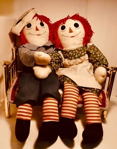 Vintage 32" Raggedy Ann & Andy Dolls, Embroidered Face & Heart AS IS - Picture 1 of 11