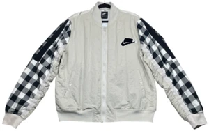 Nike NSW Bomber Jacket Mens L Black White Light Bone Plaid Check Sleeves Zip - Picture 1 of 19