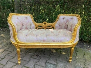 Sofa Settee French Louis XVI Pink Damask Gold Leaf Vintage Elegant Accent - Picture 1 of 17