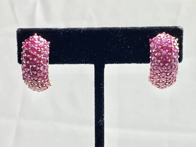 Vintage Signed 14k Yellow Gold Natural Round Red Ruby Cluster Big Stud Earrings - Image 1 of 4