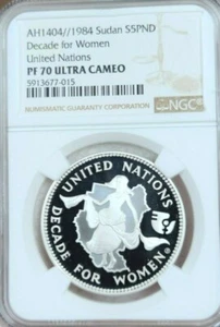 1984 SUDAN SILVER 5 POUNDS DECADE FOR WOMEN NGC PF 70 ULTRA CAMEO PERFECTION - Picture 1 of 4