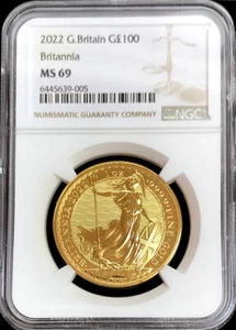 2022 GOLD GREAT BRITAIN 100 POUNDS 1 oz STANDING BRITANNIA NGC MINT STATE 69 - Picture 1 of 2