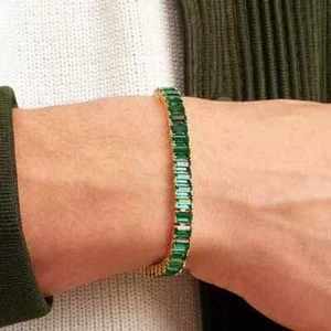 Emerald Lab-Created Emerald Diamond Men's Tennis Bracelet 14K Yellow Gold Plated - Picture 1 of 5