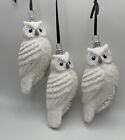 Set of three hand blown glass white glitter snowy owl ornaments