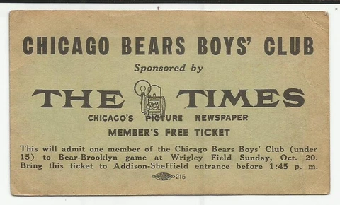 1940 Chicago Bears Boys Club Free Ticket Sun Times vs Brooklyn Dodgers Cover