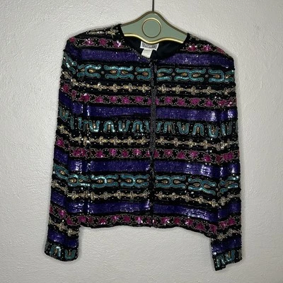 Vintage Nina Piccalino Jacket Women Size Medium Sequins Colorful 100% Silk - Image 1 of 4