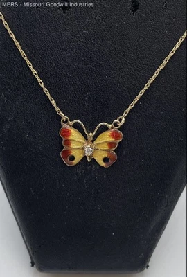 Colar borboleta diamante esmaltado ouro amarelo 14k 18 pol. - 2,55 gramas - Imagem 1 de 4