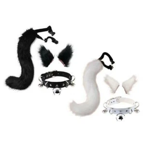 Cosplay Plush Cat Ears Hair Clip Furry Animal Tail with Bell Choker Necklace Set - Picture 1 of 13