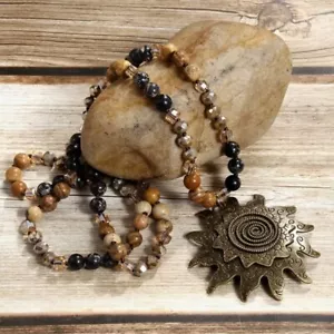Collana bohemien 8 mm pietra naturale vetro nodo tribale antico ciano sole luna - Foto 1 di 4