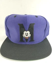 Vintage 1990er Mickey Mouse Mütze Mickey Face "M" Logo lila & schwarz Snapback Cap - Bild 1 von 5