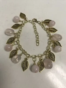 Rose Quartz And Gold Leaf Bracelet Dangle 292 - Picture 1 of 9