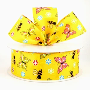 Bienen Schmetterlinge & Gänseblümchen 2,5" x 5 yds gelb Drahtband Sommer Popeline Typ - Bild 1 von 4