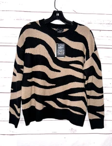 BLOOMINGDALES Size S 100% Cashmere 2-Ply Tiger Print Sweater Black Brown $198 - Picture 1 of 9