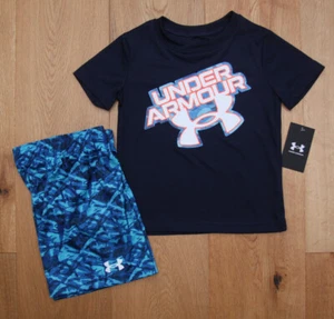 Under Armour Boy 2 Piece T-Shirt & Shorts Set ~ Navy Blue, White, Neon Orange - Picture 1 of 3