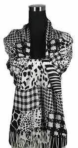 Handmade Stunning 2-Ply 100% Cashmere Shawl Wrap Scarf MIXED PATTERN Black/White - Picture 1 of 4