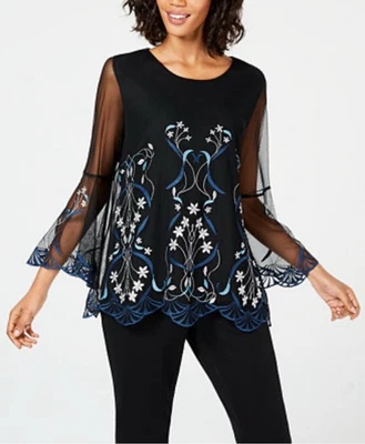 Blusa Top Bordada Alfani Negra Azul Floral Campana Talla 2X XXL Boho Caprichosa Gótica Foto 1 de 4