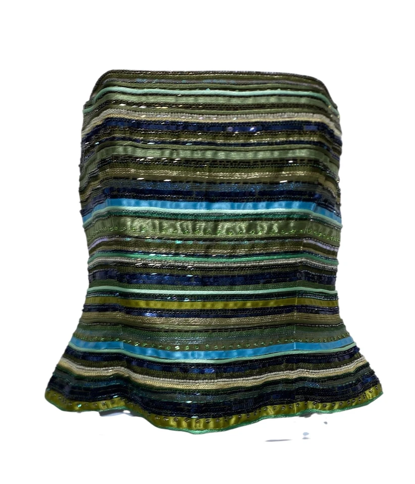 Blusa feminina Kay Unger New York 8 verde azul com miçangas lantejoulas bustiê de seda sem alças - Imagem 1 de 4