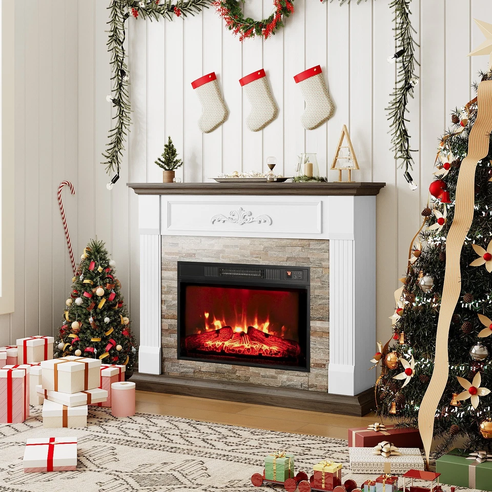 Lareira elétrica 44" com prateleira, aquecedor de lareira independente 1400W branco - Imagem 1 de 4