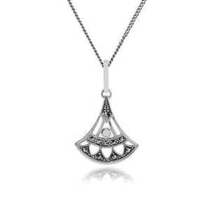 Arte Stile Déco Opale E Marcasite Aperto Lavoro Fan Goccia Ciondolo IN Argento - Foto 1 di 1