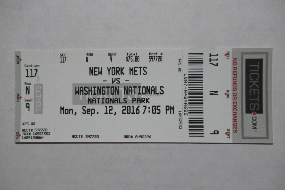 Boleto completo de los Nacionales de Washington vs los Mets de Nueva York 12/09/2016 ~ Latos/Rendon HRs Foto 1 de 1