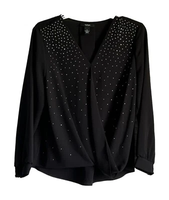 Blusa Alfani Petite para mujer grande negra manga larga adornada con cuello en VNWT Foto 1 de 4