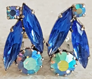 Vtg Costume Fashion Silvertone Blue Glass Iridescent Rhinestone Clip On Earrings - Picture 1 of 6