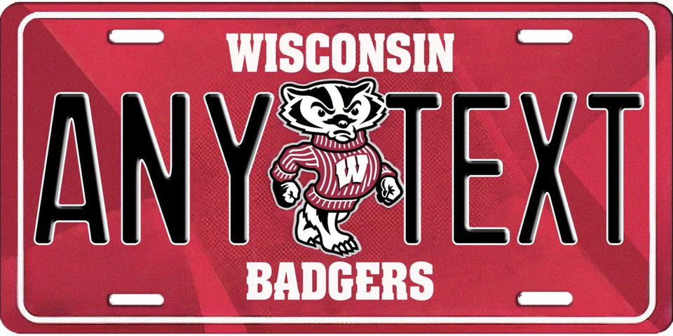 Etiqueta de matrícula inspirada en Wisconsin Badgers personalizada CUALQUIER NOMBRE DE TEXTO Foto 1 de 1