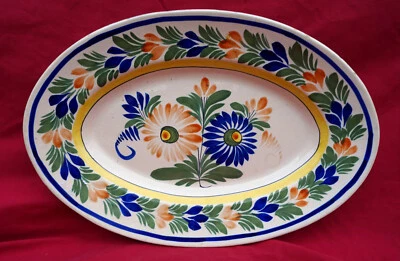 HENRIOT QUIMPER Large Oval Dih Dahlias French Hand Painted Faience 1950's - Image 1 of 4