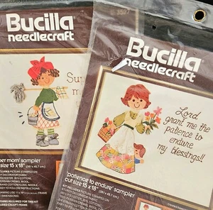 Lote de 2 kits de bordado vintage Bucilla Crewel años 70 lemas paciencia para soportar - Imagen 1 de 9