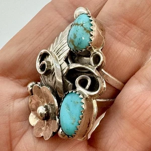 Navajo Nugget Turquoise Ring Sz10 Sterling Signed JT Flower Leaf 9.2 Grams - Picture 1 of 5