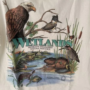 T-shirt vintage Wetlands Michigan taglia L bianca grafica animale punto singolo FINCH - Foto 1 di 4