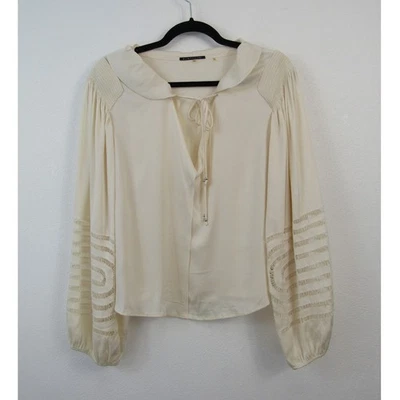 Elegante Blusa de Seda Pequeña Elie Tahari Crema Manga Larga Manga Globo Volantes  Foto 1 de 4