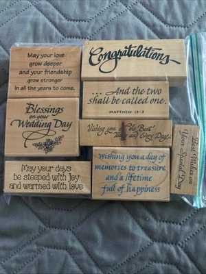 Lote de 8 sellos de goma vintage de felicitaciones de boda montados en madera Foto 1 de 4