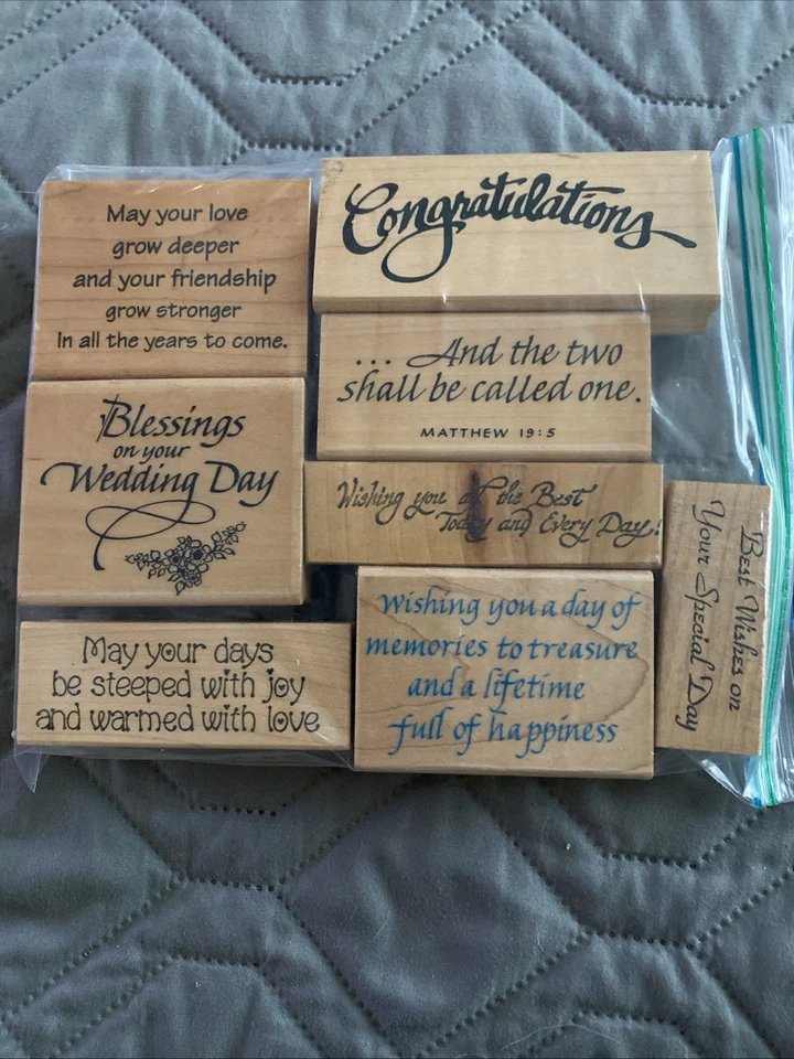 Lote de 8 sellos de goma vintage de felicitaciones de boda montados en madera Foto 1 de 4