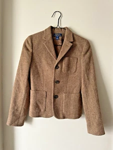 Vtg Polo Ralph Lauren Lamb Wool Blend Herringbone Tan Womens Jacket Size14 Italy - Picture 1 of 16