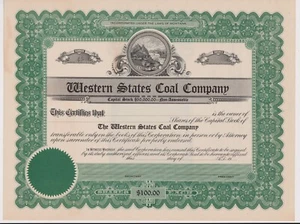 Certificado de acciones de Western States Coal Company Montana - Imagen 1 de 1