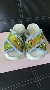Cape Robbin Gold Sequin Blue Fringe Platform Slides Slip on Chunky Sandal 7 - Picture 1 of 9