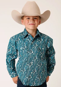 Roper Boys Kids Turquoise 100% Cotton Upstream Paisley BD L/S Btn Shirt - Picture 1 of 4
