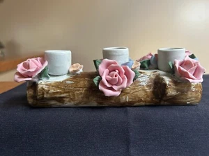 VTG PORCELAIN 3 TAPER CANDLE HOLDER with 6 PINK ROSES & BLUE BUDS ON A LOG - Picture 1 of 13
