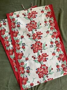 VINTAGE 50'S Red Floral & Apples Kitchen Towel Fabric 17” Wide 2 Yards 30” Long