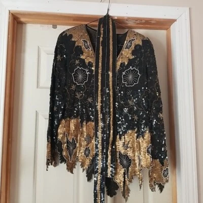 Blusa Camisa Vintage Mujer Pura Seda Negra Dorada Lentejuelas Cuentas India Aleta Foto 1 de 4