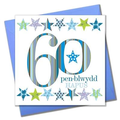 CLAIRE GILES RETAIL Welsh Birthday Card, Penblwydd Hapus, Blue Age 60, Happy 60th Birthday