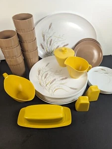 Vintage 32 Pc Melmac Dish Set Yellow and Brown Plastic Floral Flower 70's Decor - Picture 1 of 21