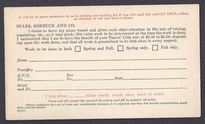 Ca 1919 REQUESTING PIANO TUNING & ADJUSTMENT FROM SEARS ROEBUCK, UNPOSTED - Picture 1 of 1